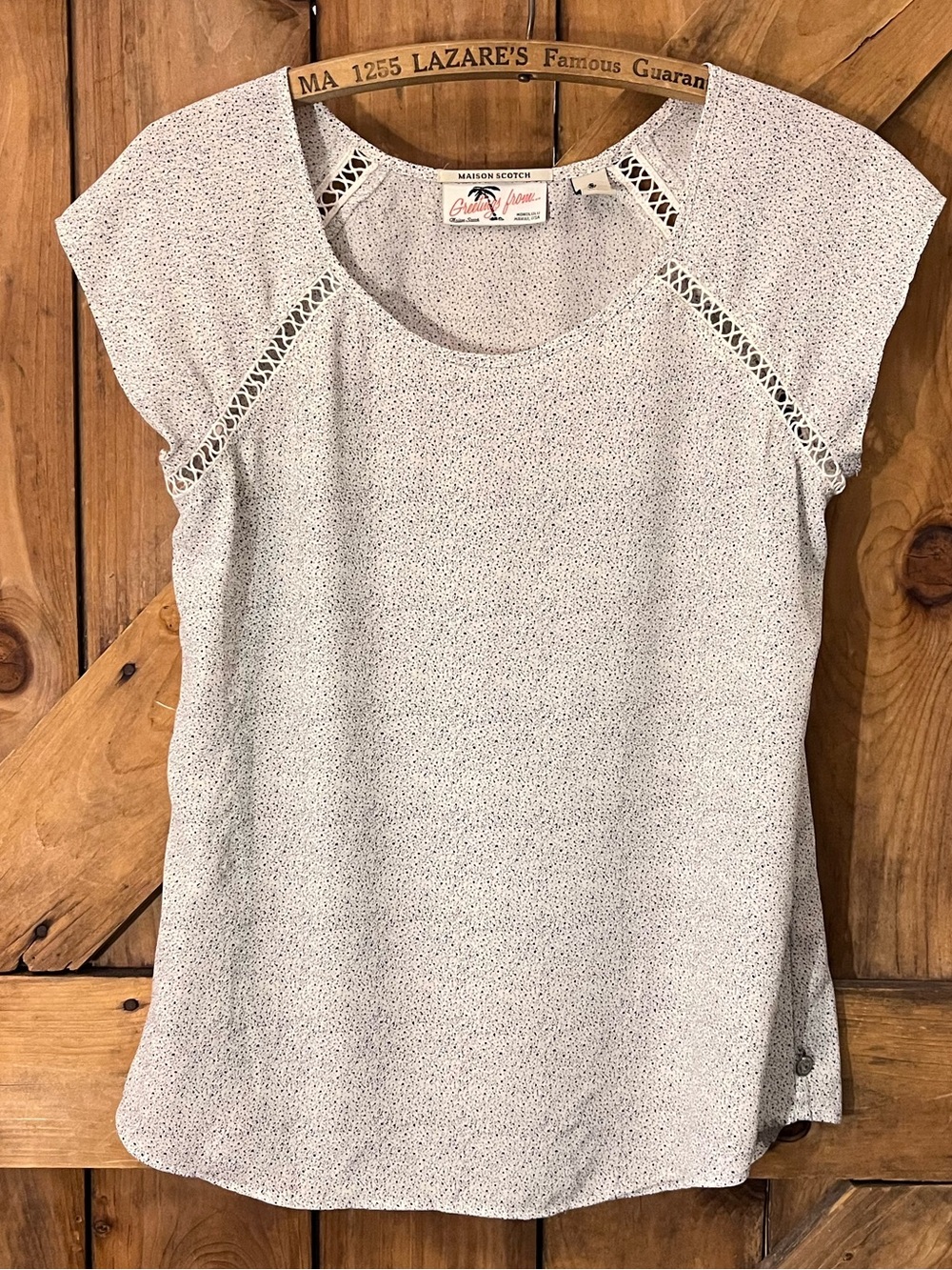 Maison Scotch Cream & Navy Micro Print Crochet Trim Blouse Size 2